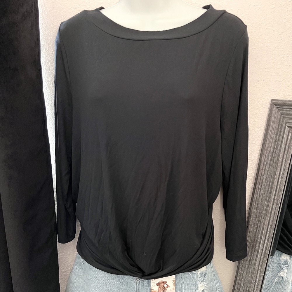 Lark & Ro Basic Black Gathered Front 3/4 Sleeve Top Large